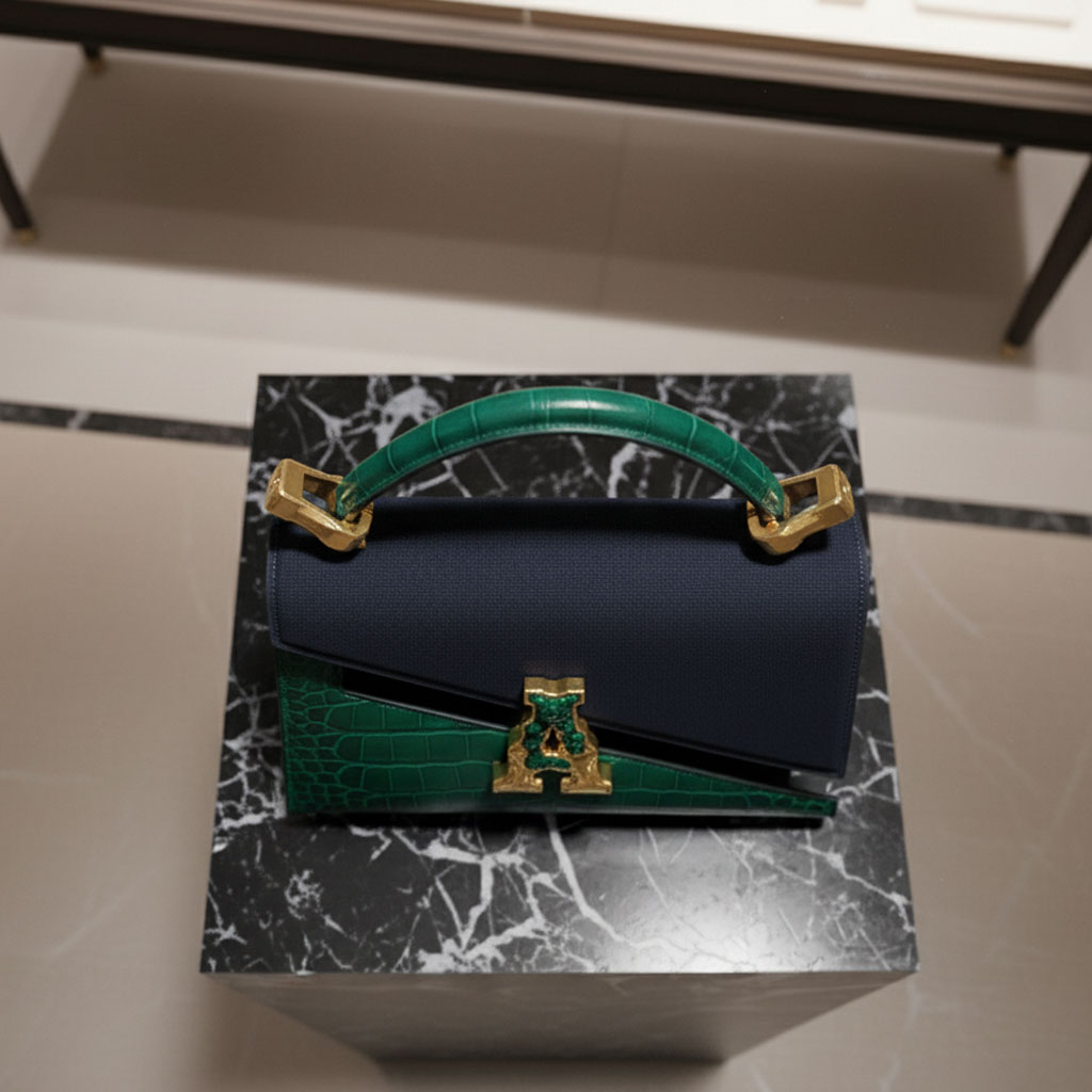 AURÉLIA Émeraude – vue en plongée, détails du rabat en daim bleu nuit