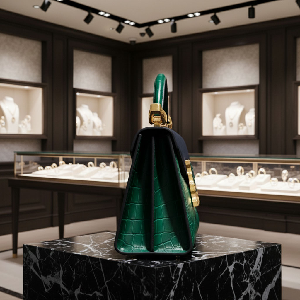 AURÉLIA Émeraude – vue latérale, couture sellier et tranche polie